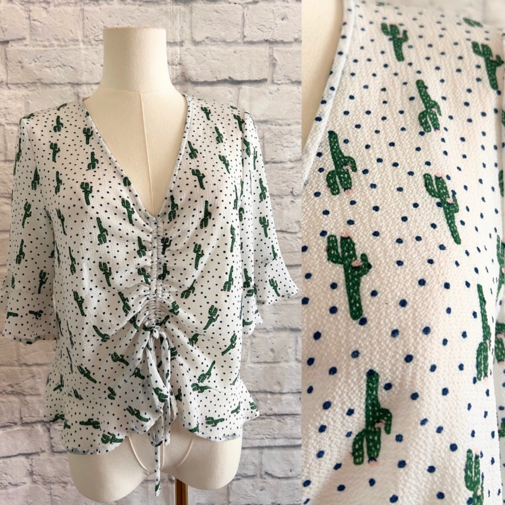 Elodie Cactus Print White Ruched Tie Front Blouse Desert Boho Palm Springs Vegas